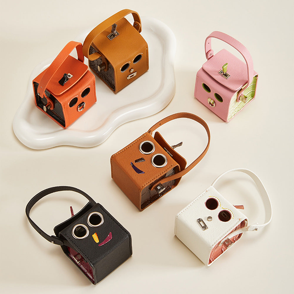 Handmade Robot Leather Keychain - Box Bag-Mini Fun Earphone Case Charm, Cute Leather Key Fob Length:14cm