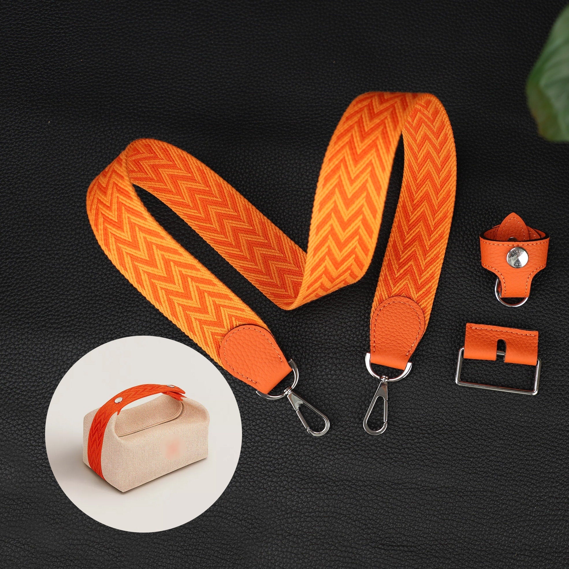 Orange Stripe shoulder strap with leather conneter for Canvas 'Bride-a-Brac' Case