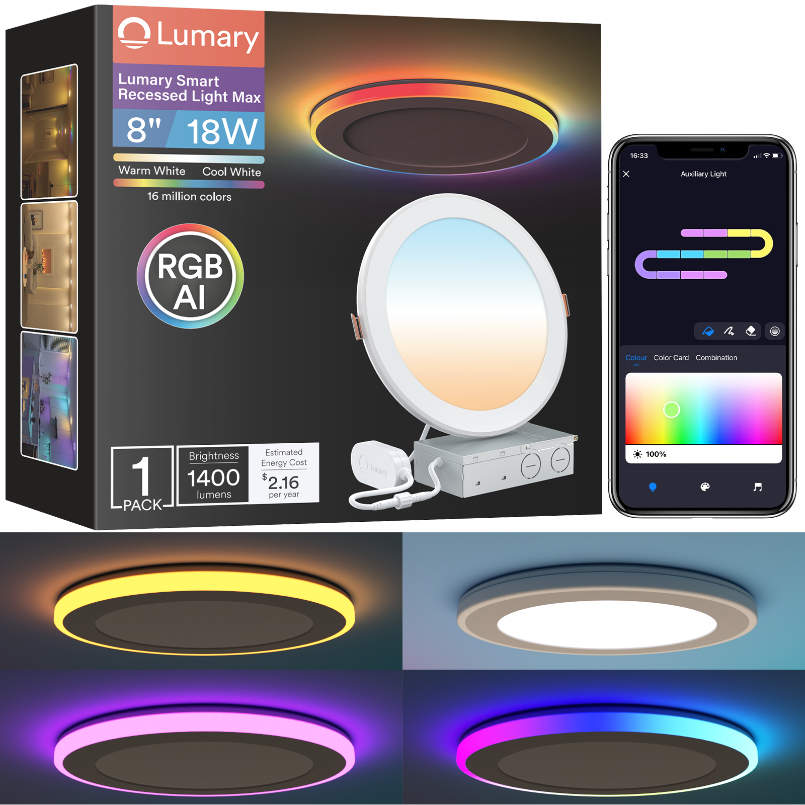 Lumary Smart RGBAI Recessed Light with Gradient Auxiliary Night Light