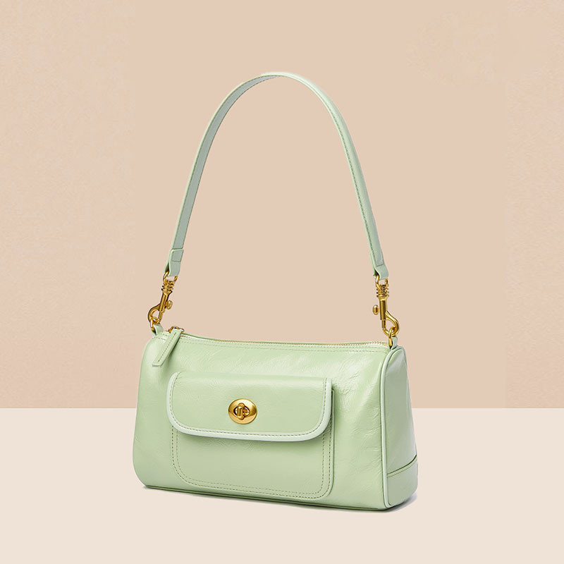 Women’s Minimalist Vintage Genuine Leather Zipper Twist Lock Crossbody Baguette Bag image 5