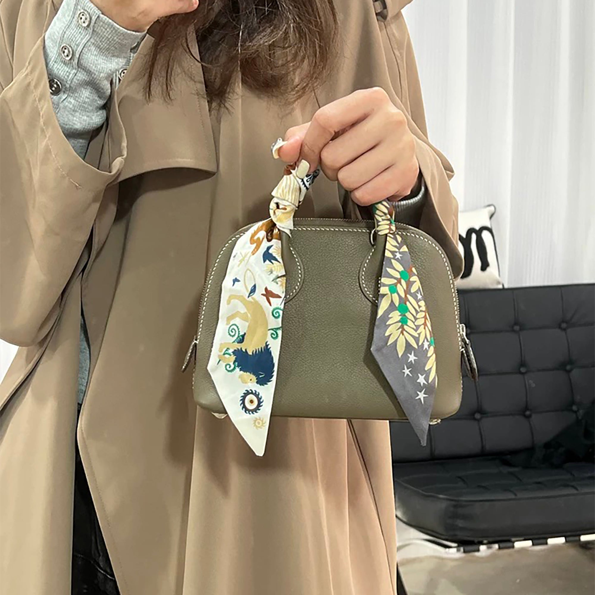 Grey Scarf Strap for Bags – Versatile Silk Ribbon, Can Also Be Worn as Neck Accessory